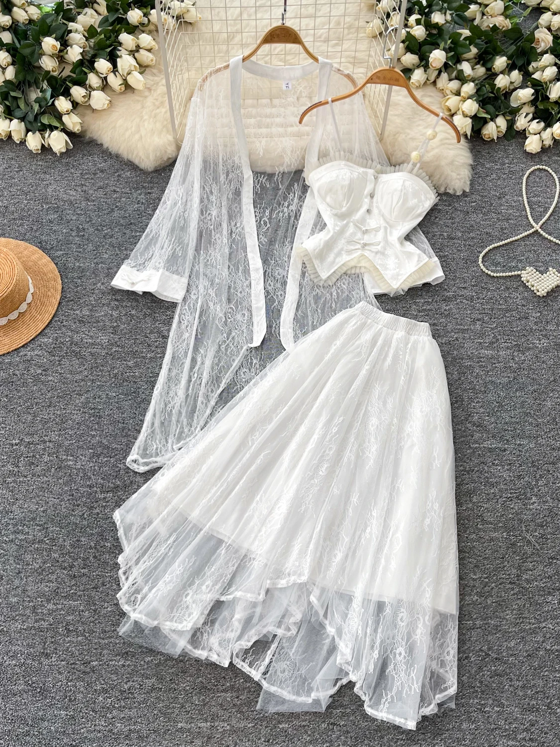 

Breathable Lace Three-Piece Set Women's Spring Autumn Open Cardigan Strap Dress Slimming Elegance White Floral Print Casual W...