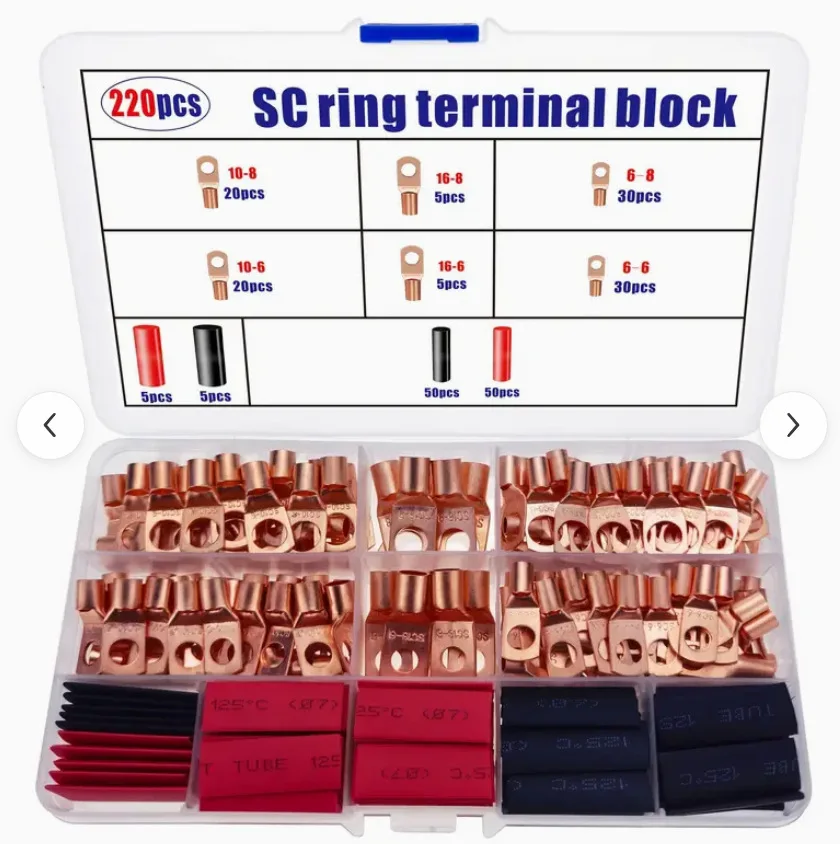 60/100/130pcs Copper Terminal Connectors, AWG 4 6 8 10 12 Ring Lug Kit With Shrink Tubing 50 Battery Cable Lugs With Shrink