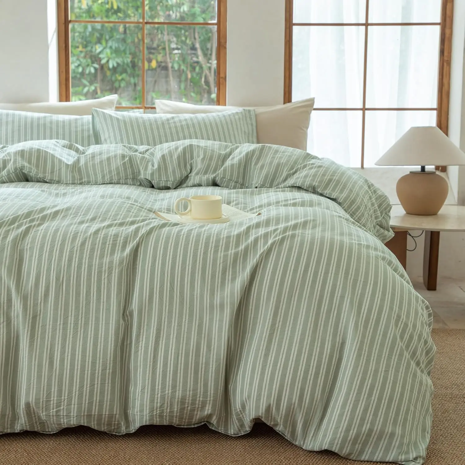 

Sage Green and White Striped Duvet Cover, 100% Washed Cotton Breathable Bedding Set for Full Size, Linen Like Texture, 3 Pieces