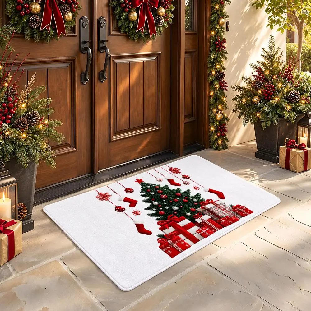 Snowman Christmas Santa Claus Floor Mat Flannel Rug Soft Non Slip Door Mat for Bathroom Bedroom Kitchen Festival Home Decor