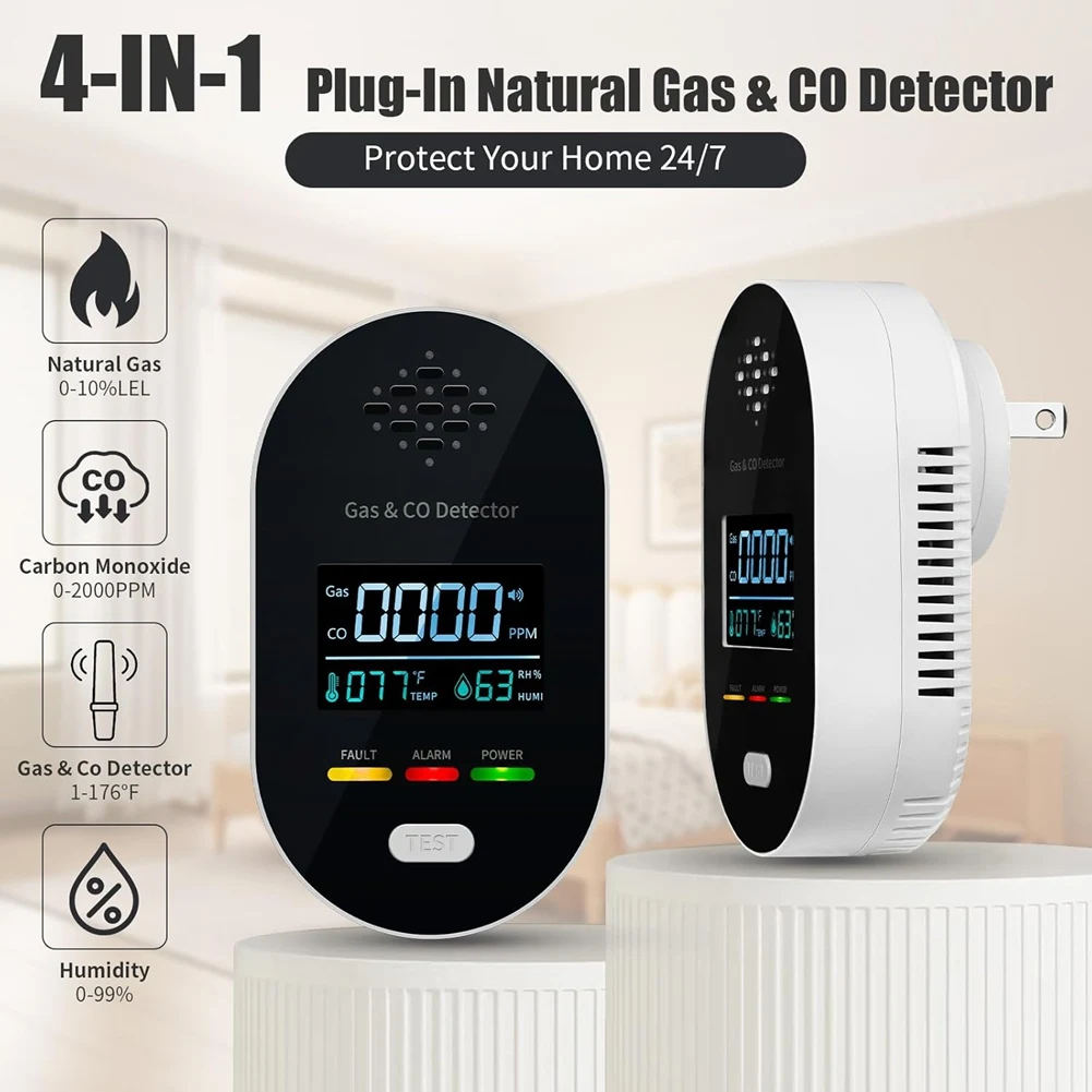 Pantalla LED Sistema de alarma de gas natural y CO2 enchufable, detector de monóxido de carbono US Plug-Y47A