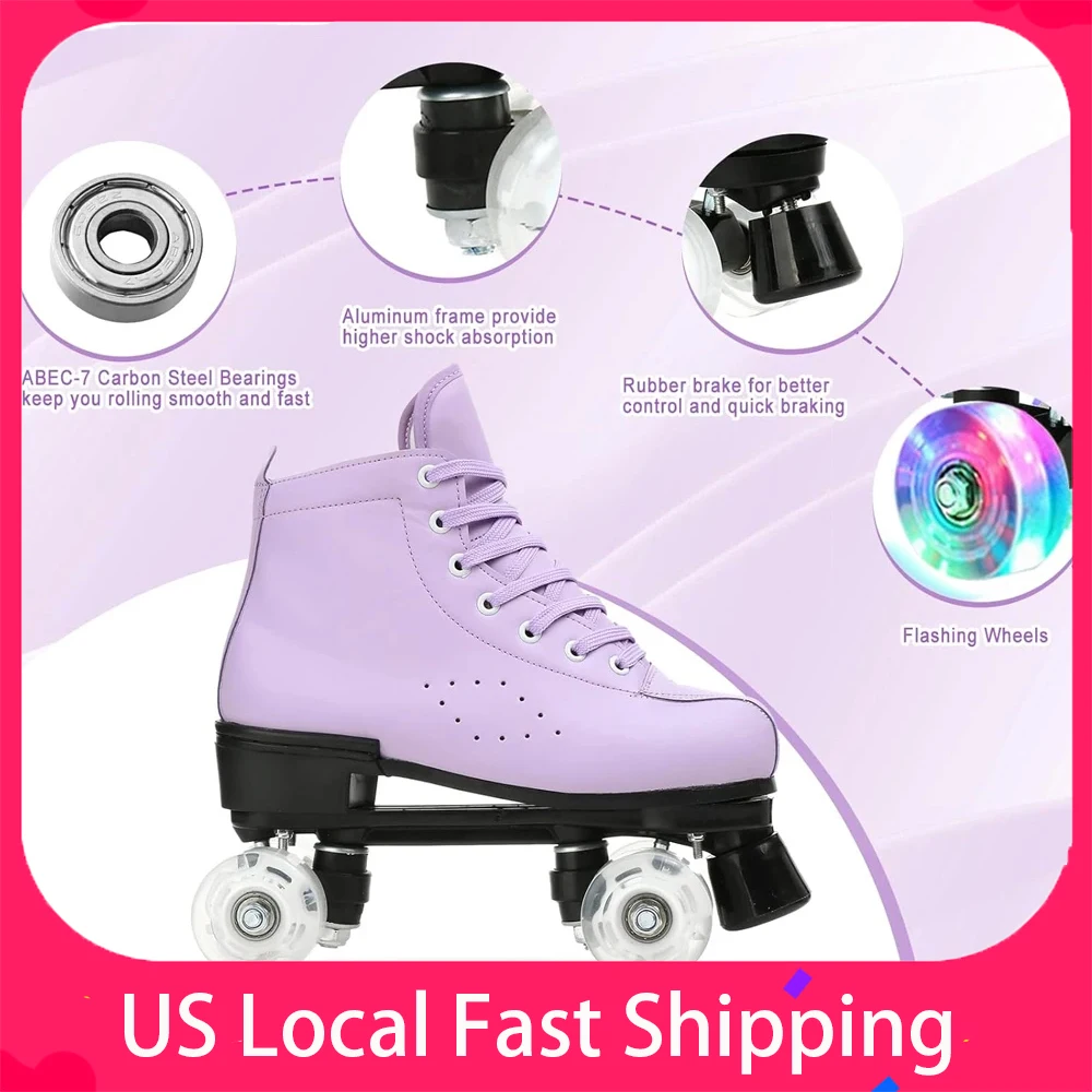 Sepatu Roda Kulit PU Sepatu Skating Sliding Inline Quad Skates Sepatu Wanita Sepatu Roller Skating Putih 4 Roda Roda Flash