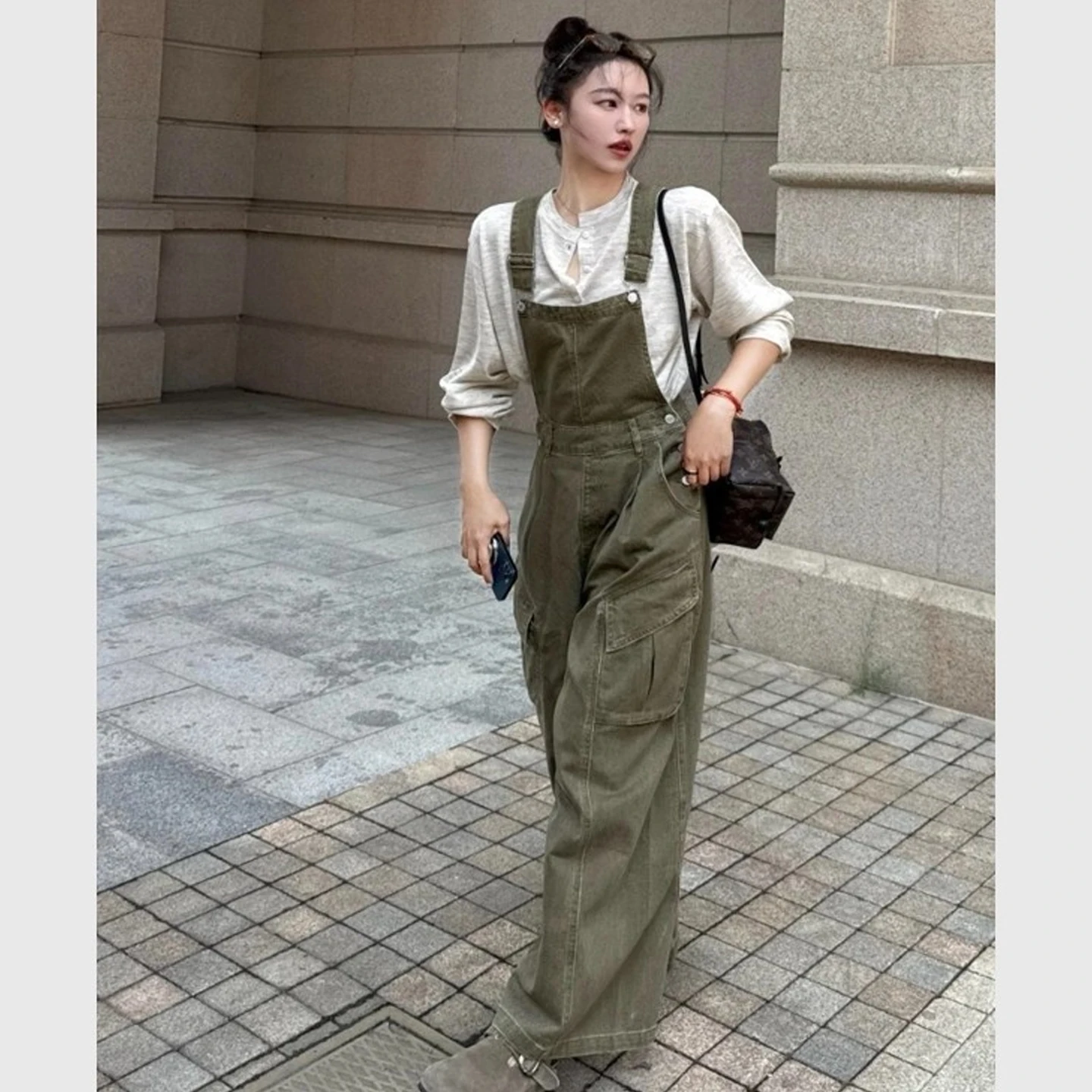 미국 레트로 워크웨어 슬레 여성 데님 오버롤 루즈 스트레이트 레그 와이드 레그 팬츠 하이 웨이스트 코튼 캐주얼 봄 가을