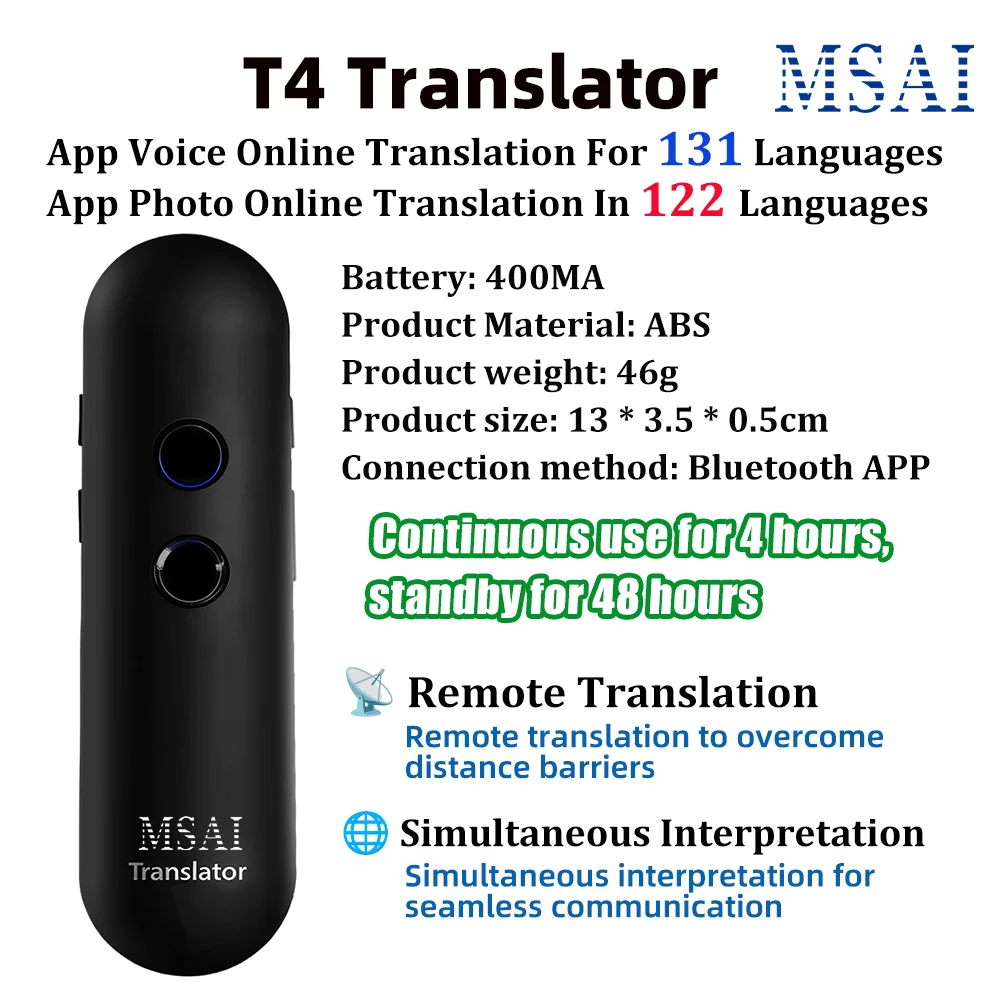 MSAI T4 Smart Voice Translator 131 Languages Bluetooth APP 122