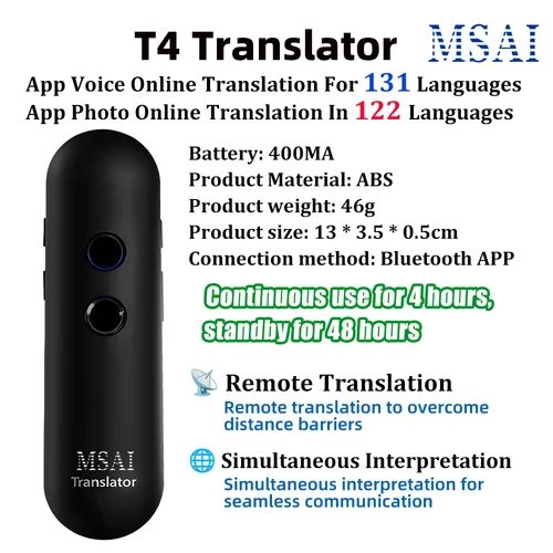 Imagen 2 del producto Traductor de voz inteligente MSAI T4 131 idiomas aplicación Bluetooth 122 idiomas traducción de fotos bidireccional en tiempo Real para viajes de negocios