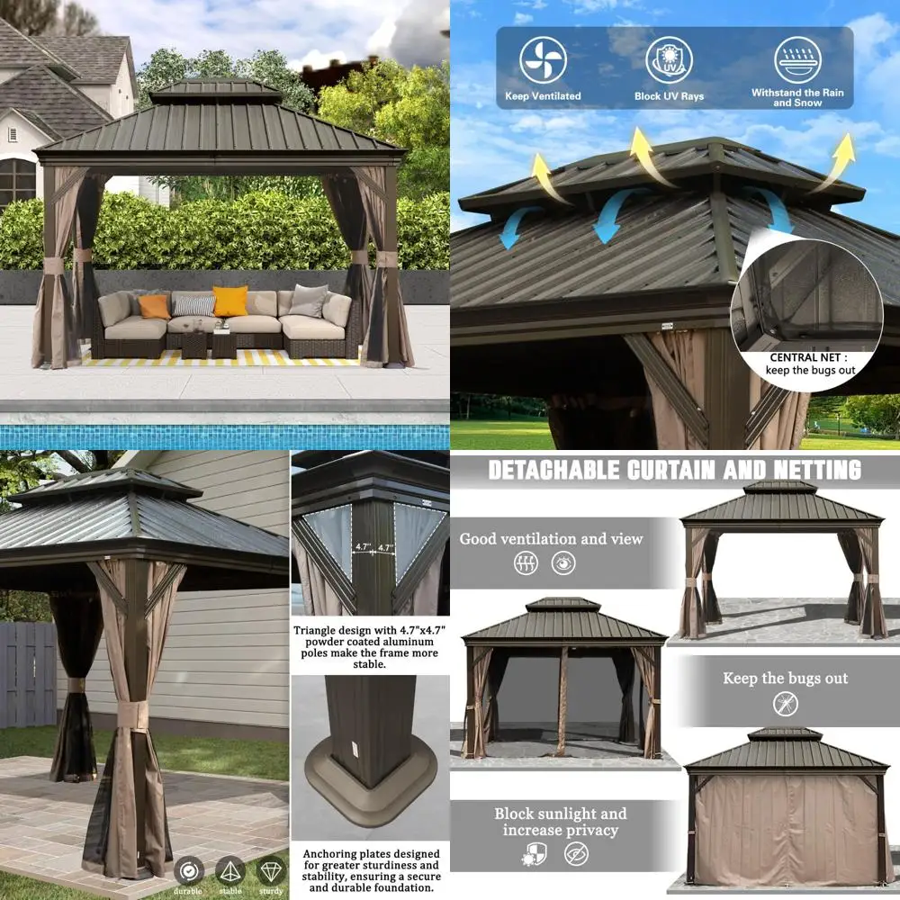 

Outdoor 10x12FT Hardtop Gazebo with Galvanized Steel Roof, Drainage System, and Detachable Curtains