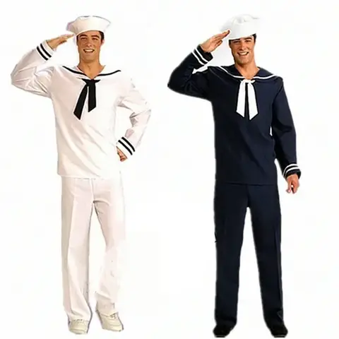 Cosplay Navy Sailor Suit Set Costumes Halloween Adults White Blue Fancy Dress Up Party Stage Performance  Men Boys