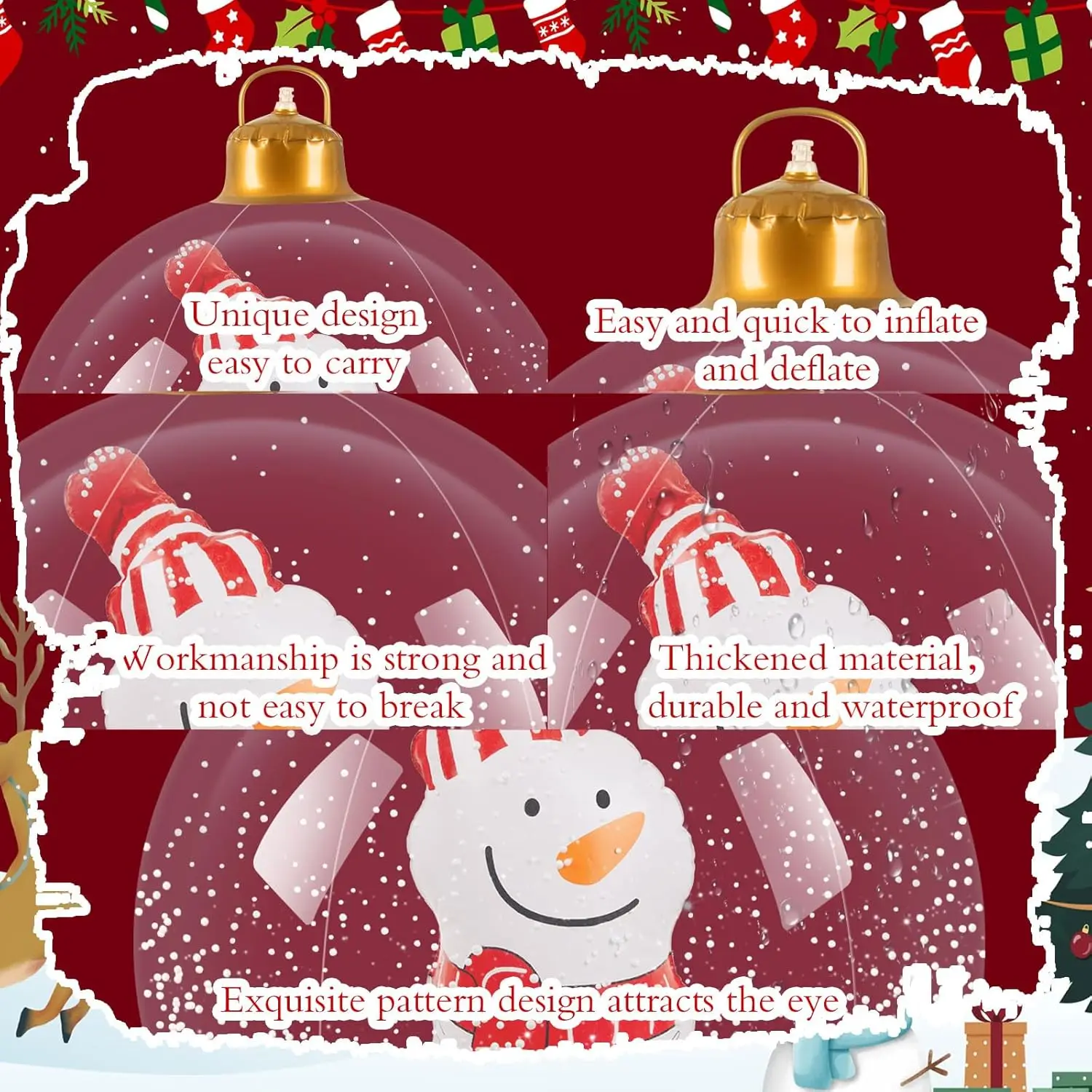 24inch Inflatable Christmas Ball Ornaments, Pvc Snowman Inflatable Christmas Decorative Balls, Suitable for Outdoor Yards, Front Porches, Swimming Pools, Christmas Trees, Inflatable Christmas Ball Decorations view 4