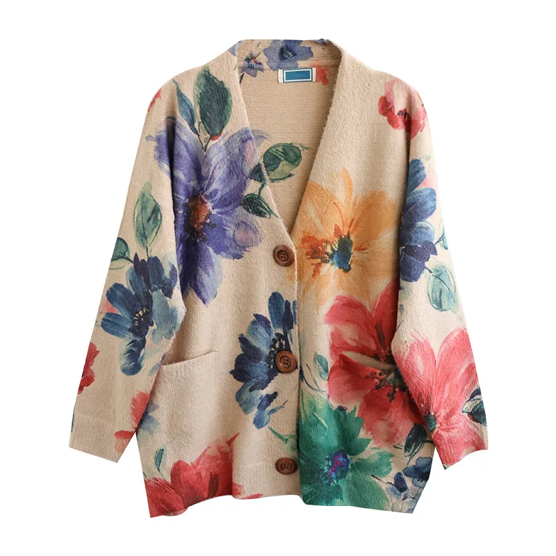 Autumn Winter Vintage Print Women Knitwear Contrast Color Patchwork Literary Versatile Casual V-Neck Loose Female Cardigan Tops