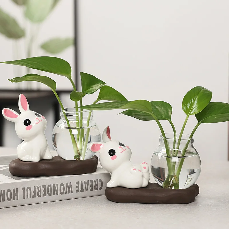 Cute Rabbit Panda Hydroponic Plant Vases Transparent Glass Vase Tabletop Decoration Aquatic Flower Bottle with Wooden Base