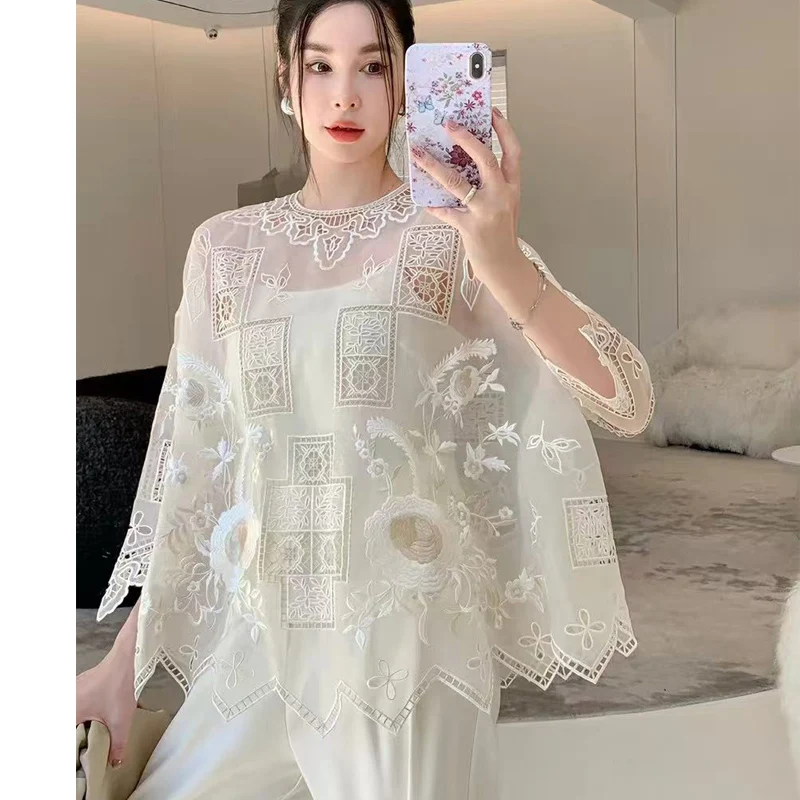 Spring And Summer New O-Neck Silk Organza Fabric Hollow + Embroidery Loose Shirt +Suspender 2-Piece Set for Women S-XL