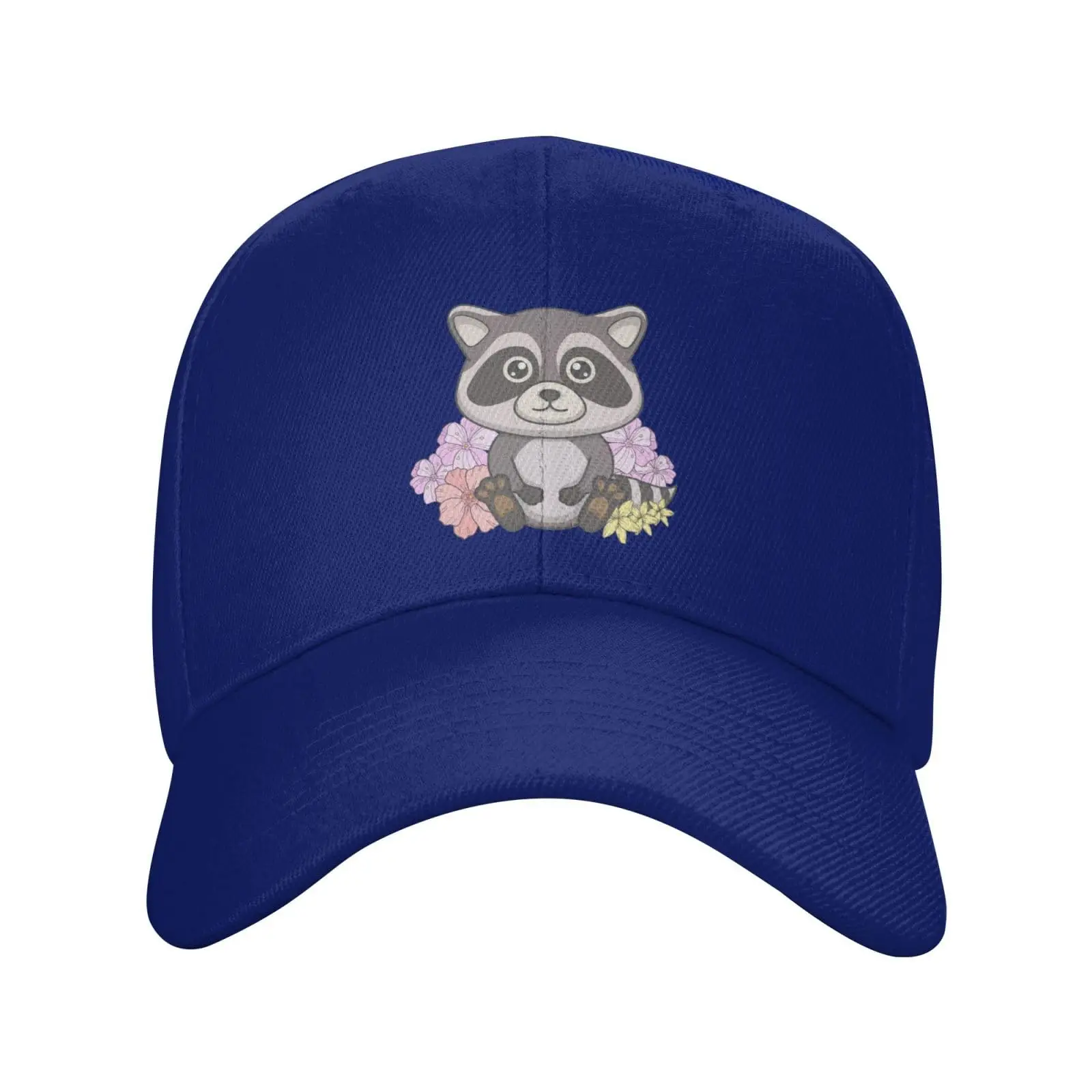 Cute Cartoon Raccoon and Flowers Trucker Baseball Cap for Men Women Golf Hats Adjustable Dad Hat