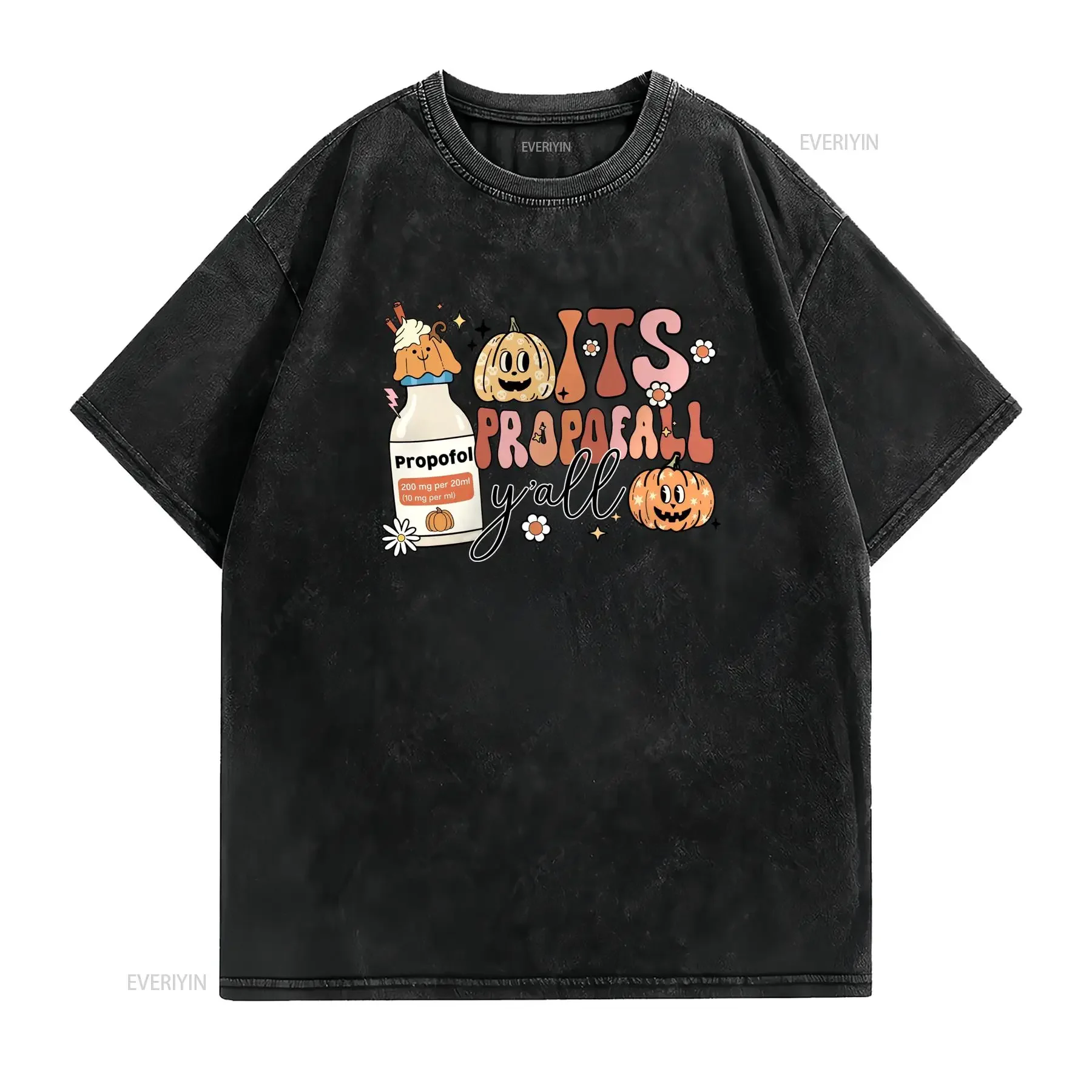 Retro Cartoon Funny Fall Halloween Propofol Pumpkin Nurse Print Casual T Shirt vintage Washed streetwear Breathable Versatile