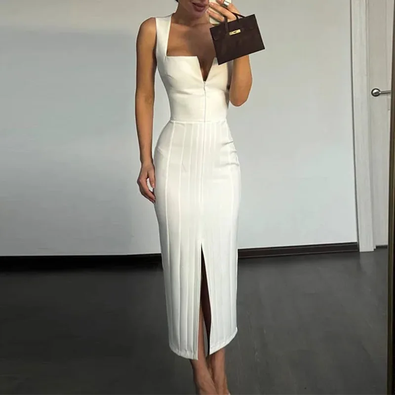 Solid Color Square Neck Slim Slit Dress High-end Tight Fitting Evening Gown Glittering Wedding Party Gown Sexy Elegant