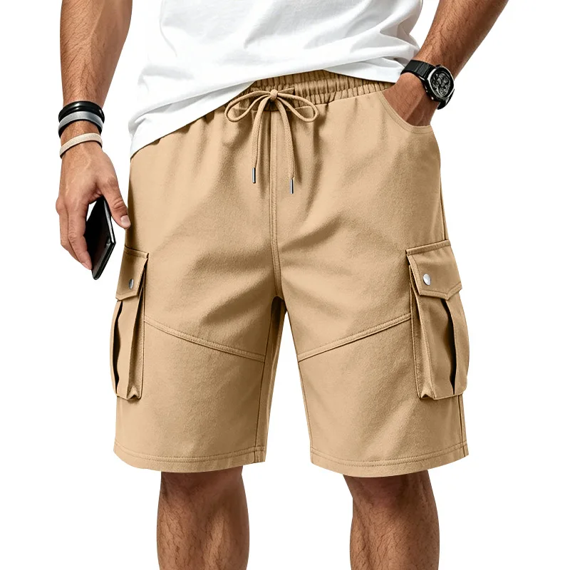 

New men's loose work pants Soft Breathable Multi Button Pockets Elastic Waist Running Gym Outdoor Hiking Casual Short Pants。