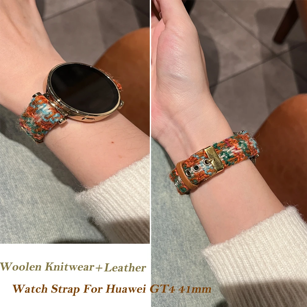 18mm Watch Band  for Huawei Watch GT4 41MM Luxury Camouflage Knitted Wool Leather Correa Strap for Women Girl Lady Gift