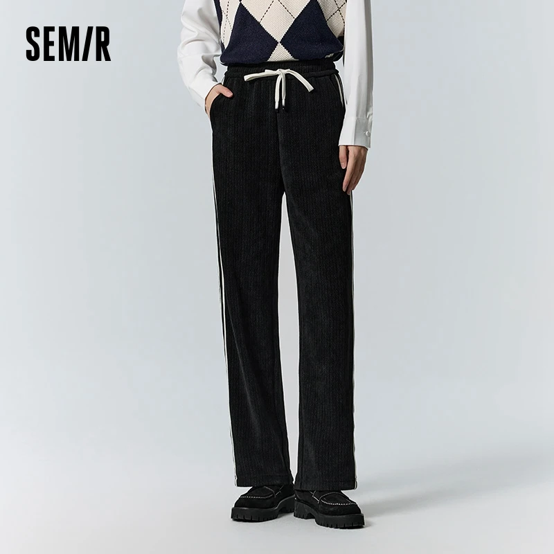 

Semir Casual Pants Women Soft Texture Chenille Wide-Leg Pants Elastic Waist Lazy Winter Contrasting Color Long Pants