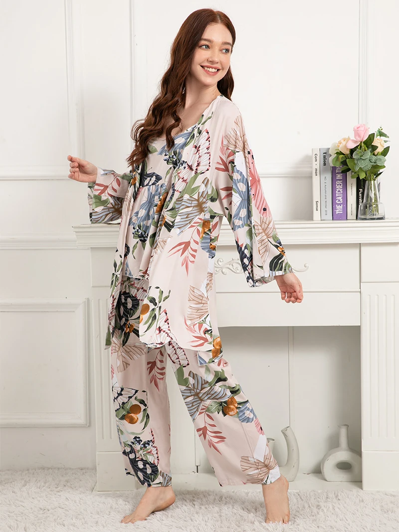 Plus Size S-XXXL 100% Viscose Ladies Spring Autumn Pajamas Set Comfortable Soft Home Suit Robes with Pants Pyjamas Sleepwear