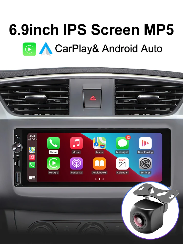 XIMA Universele 1Din HD IPS Scherm Draadloze CarPlay Android Auto Radio Stereo FM MP5 Auto Multimedia speler USB BT Autoradio - afbeelding 2