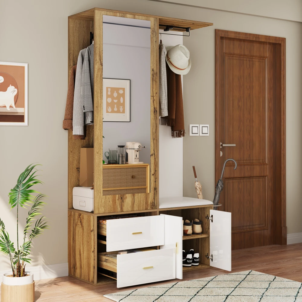 PINGGO Edles Garderoben-Set mit Spiegel, Schuhschrank, Schuhbank mit Haken, ausziehbarer Kleiderstange in Weiß und Holzfarben – Detail 4