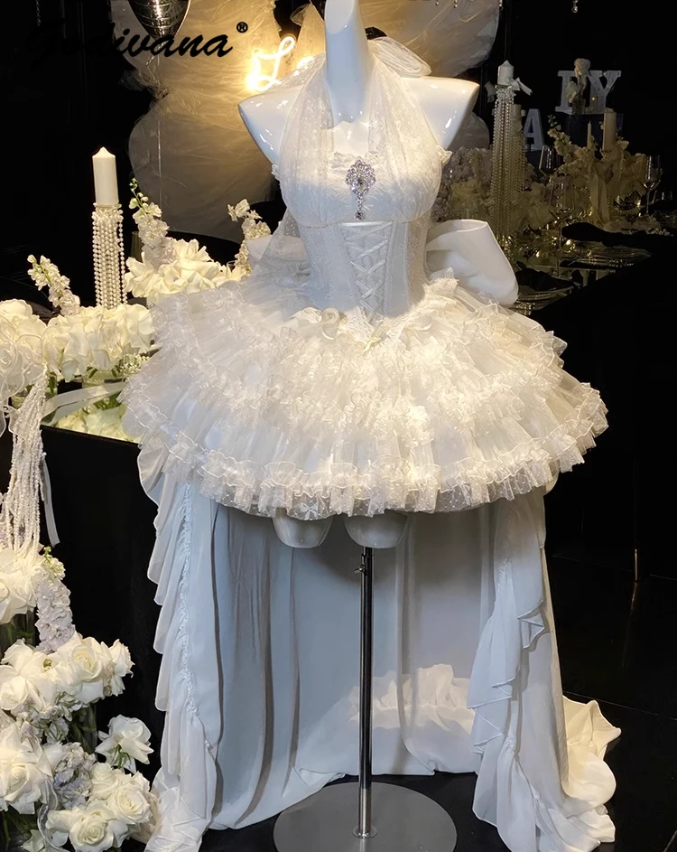 Romantisches Mädchen-Hochzeitskleid zum Jahrestag, Geburtstag, Damen, süße Spitze, Netzstoff, kurzes Kuchenkleid, elegante Neckholder-Partykleider