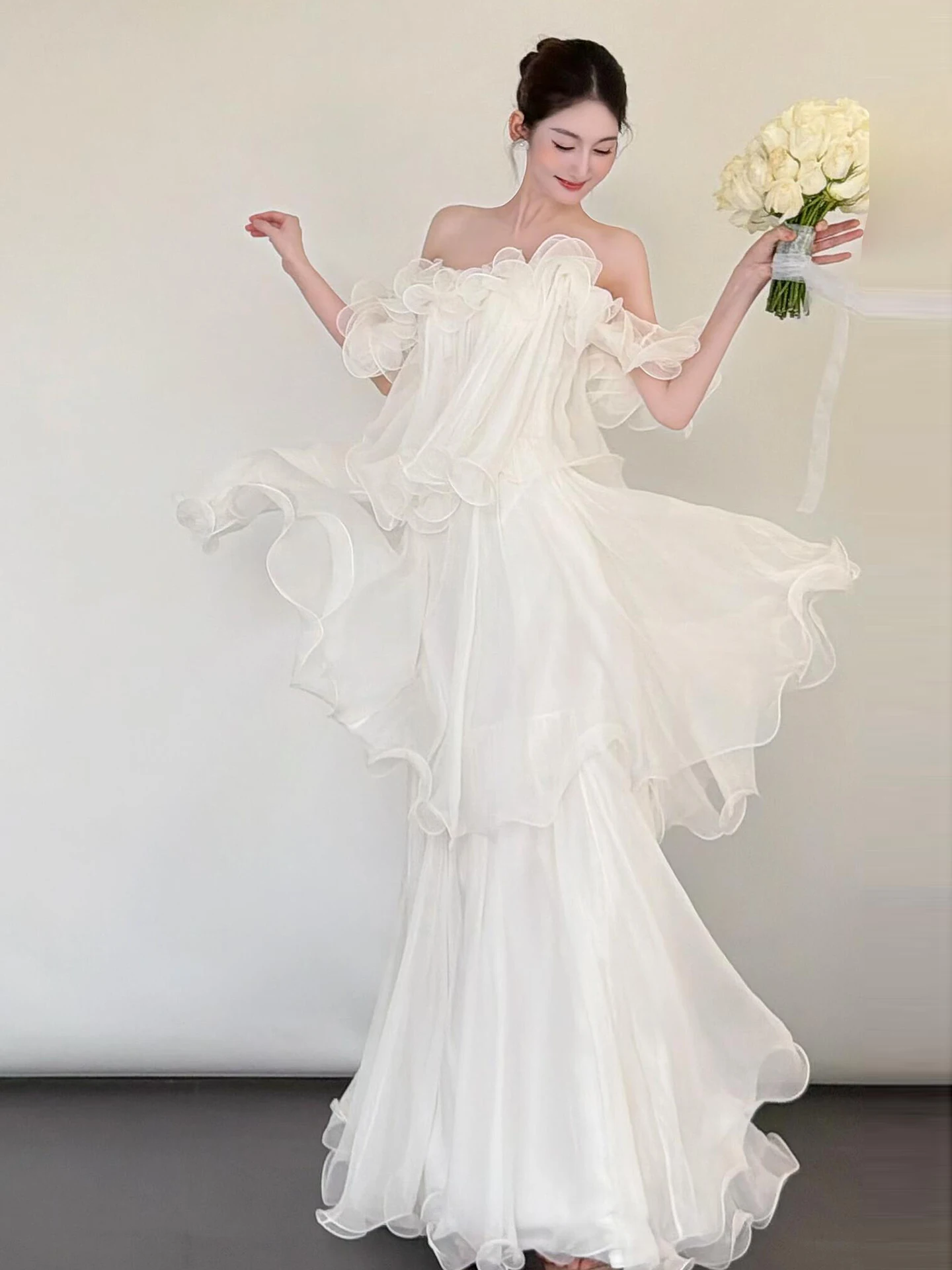 

Sweet Style Wedding Dress Women's One-Shoulder Prom Gown Fairy Tale Skirt Long Skirt No-Sleeve Zipper Back Floor-Length Gown