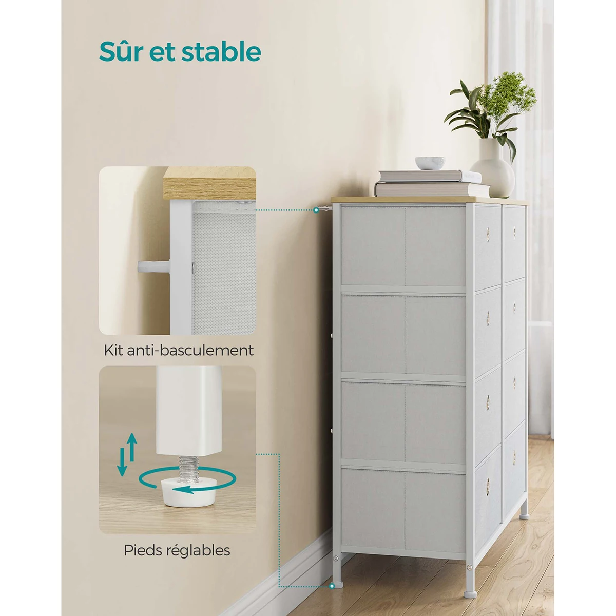 Commode - SONGMICS - 8 tiroirs - Blanc crème et couleur chêne