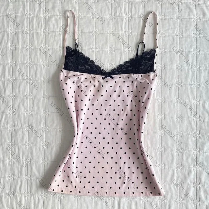 

Vintage polka dot print cute lace summer women's sleeveless camisole tops Y2K hip-hop hot girls Harajuku casual fashion tops EMO