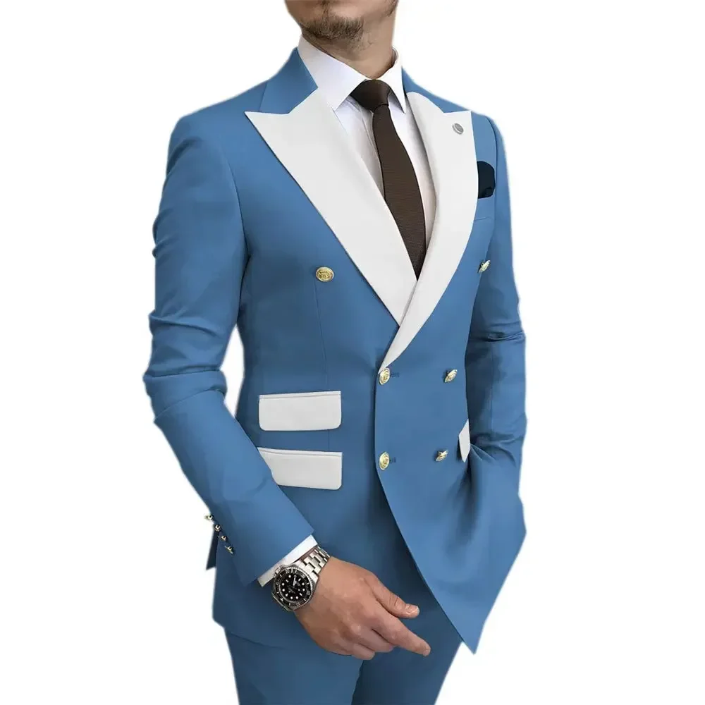 2024 Elegant Men\'s Slim Fit 2-Piece Blazer And Pants Double Breasted Peak Lapel Wedding Dress Evening Party