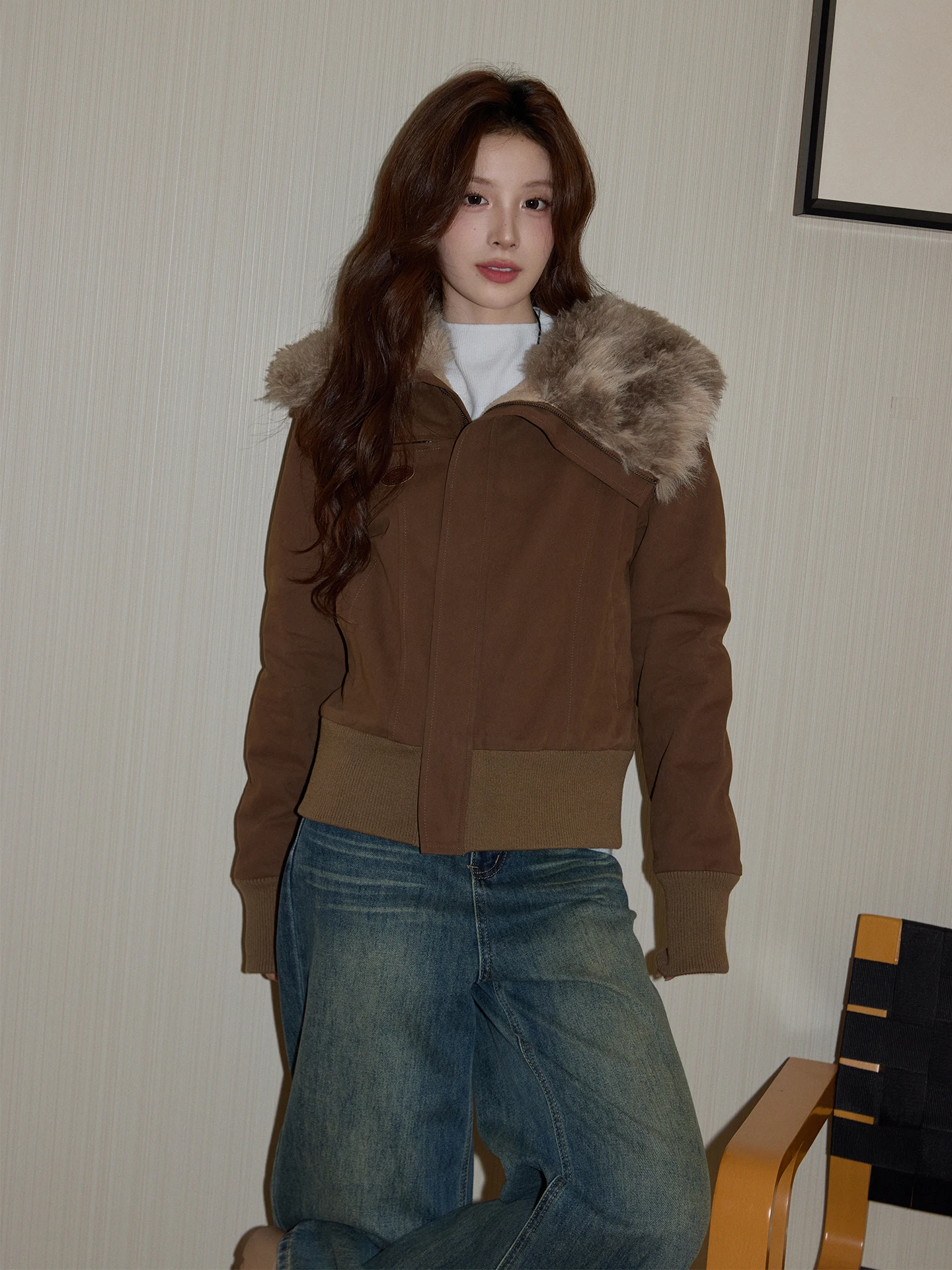 

Chaocha Home Korean Sle Coffee Color Thiened Fur Collar ort Coat Women's Winter High End Casual Personali Long Sve...