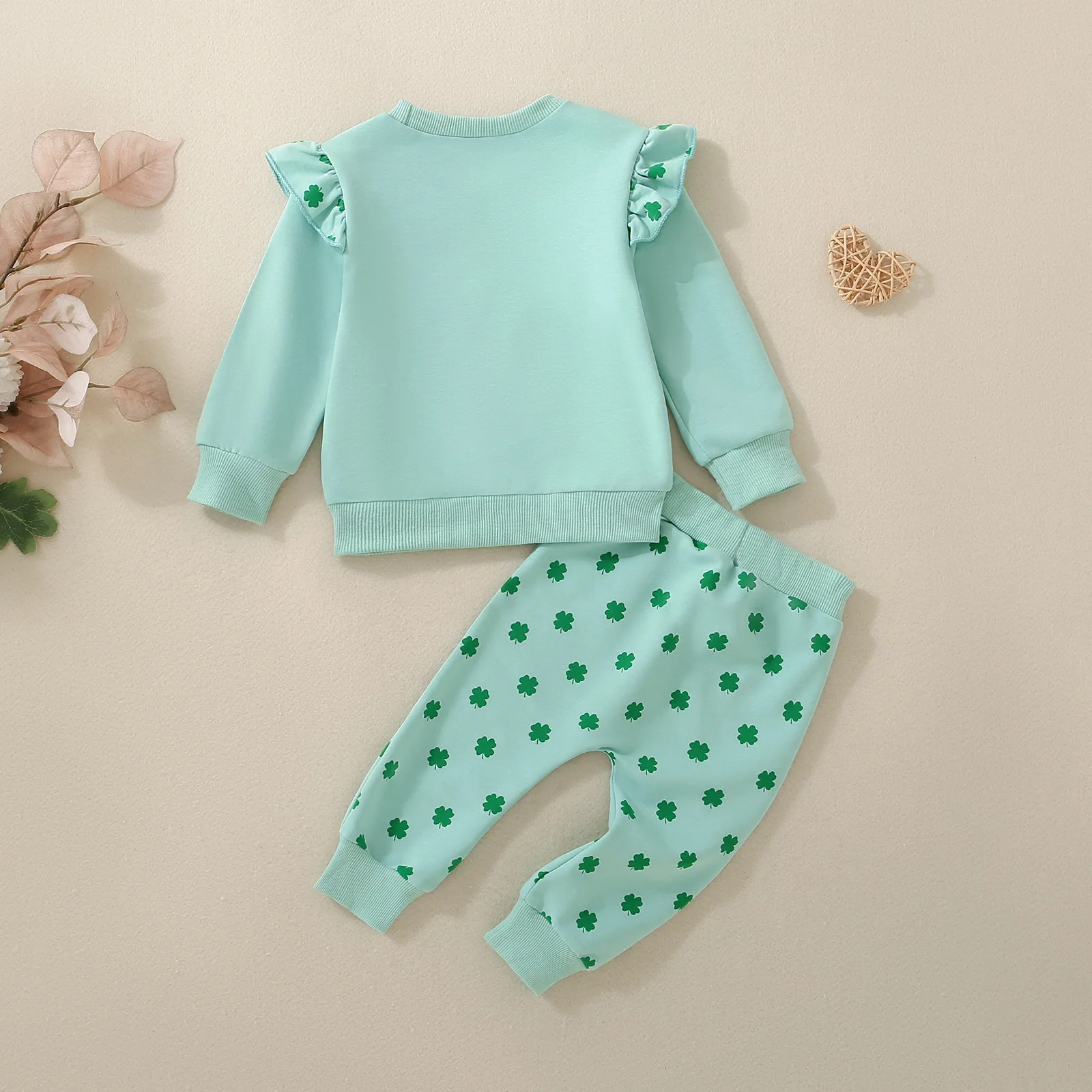 Summer Hot Sale Clover Printed Long Sleeve Fly Sleeve T-Shirt and Trousers Two-piece St. Patrick's Day