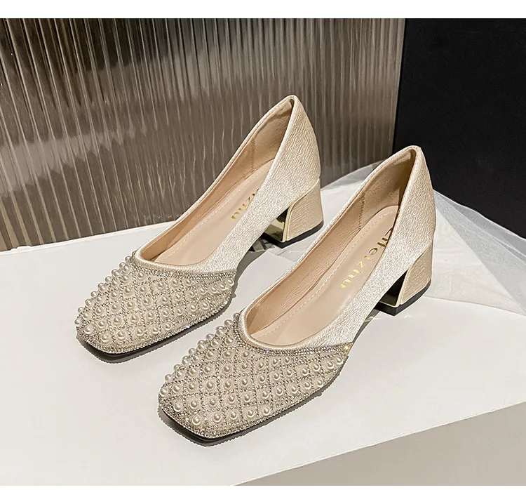 Big Size Women Shoes Spring Summer Fashion Pumps OL Party Square Casual High Heels Shoes Ladies Rhinestone Pearl Loafers