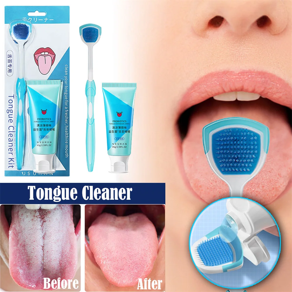 

Fresh Tongue Cleaning Kit Mild Tongue Cleaning Gel With Brush Tongue Cleaner Brush Silicone Scraper Toothbrush for Fresh Breath