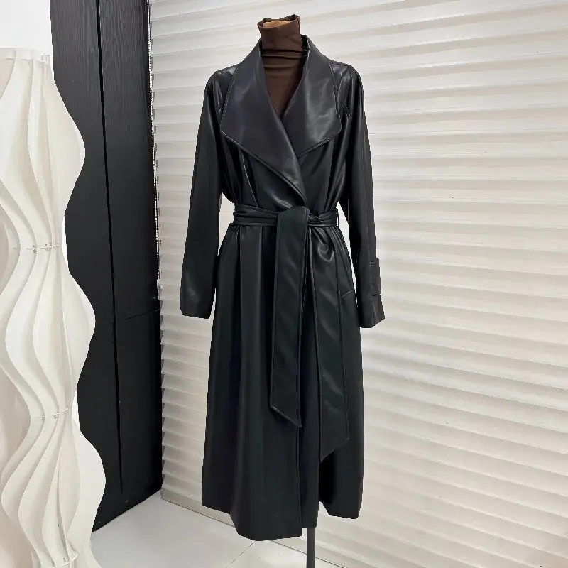 2026 Autumn New French Elegant Lapel Belted Mid‑Long PU Leather Over‑Knee Trench Coat for Women