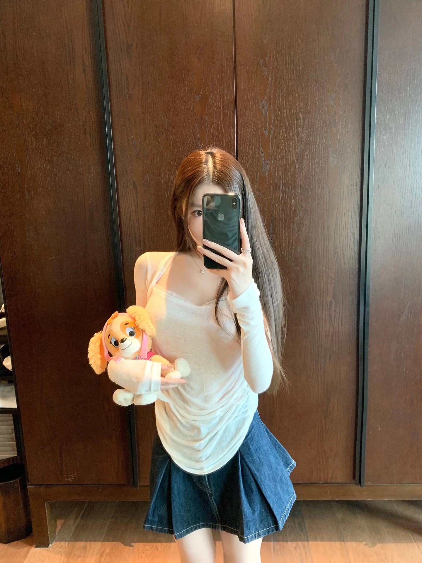 

Топ с открытыми плечами из хлопкового кружева с боковыми складками, серия Panda Jingjing, коллекция Pure Desire White Rabbit Snowflake, повседневный стиль, длинный рукав