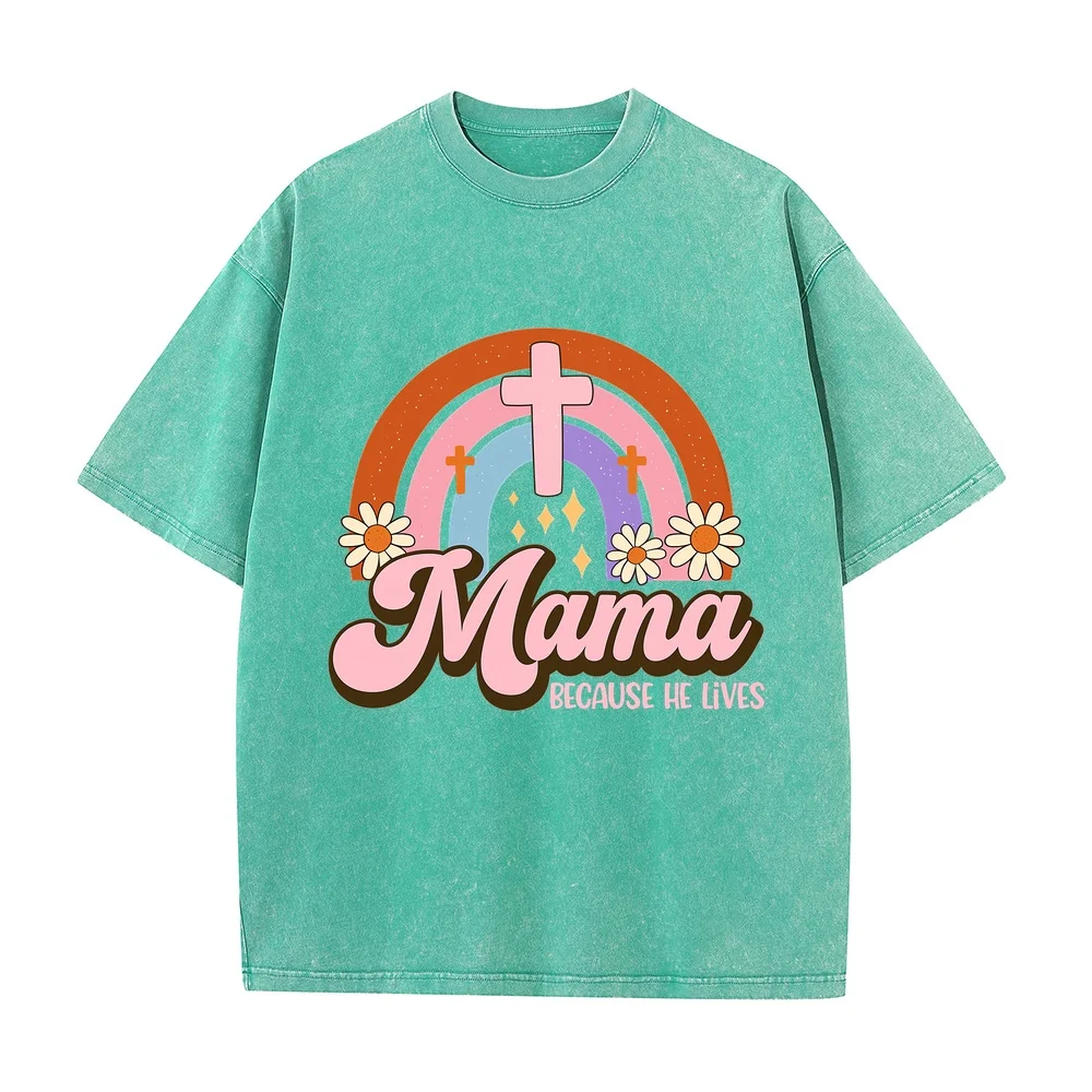 Graphic T-Shirts Men“Mama Because He Lives” Christian Easter Retro Rainbow Printing Cartoon Tshirt Men's Clothing Summer Top