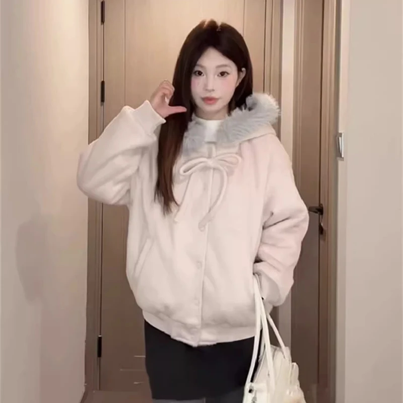 Pink Bow Hooded Jacket Women Long Sleeve Fur Collar Patchwork Korean Hoodies Loose Casual Button Sweet Female Streetwear Outwear
