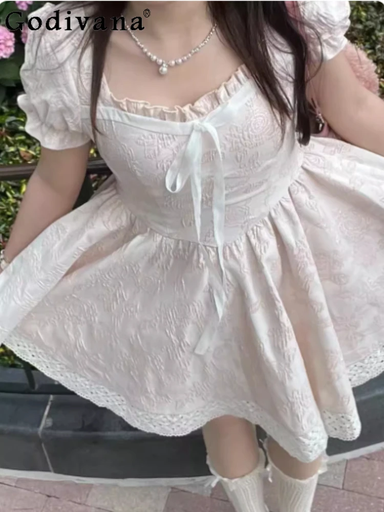 

Spring Summer New Plus Size Sweet Jacquard Puff Sleeve Pink Fairy Dress French High Waiste A-line Age-reducing Princess Dresses