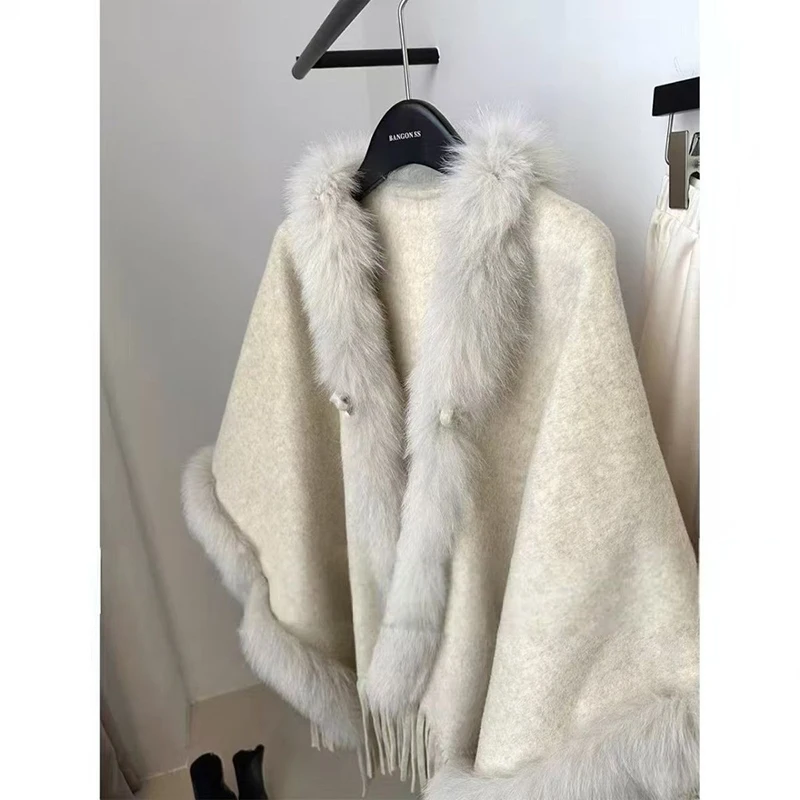 

MEXZT Elegant Tassel Poncho Women Fashion Faux Fur Patchwork Cape Coat Luxury Korean Cloak Jacket Winter Design Outerwears New