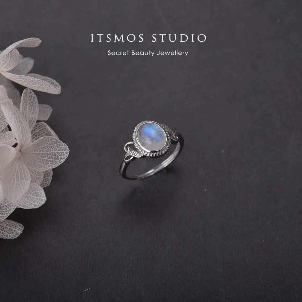 

ITSMOS Geometric Moonstone Sterling Silver Oval Ring Retro Natural Gemstone Bands Luxury Wedding Jewelry for Women Elegant