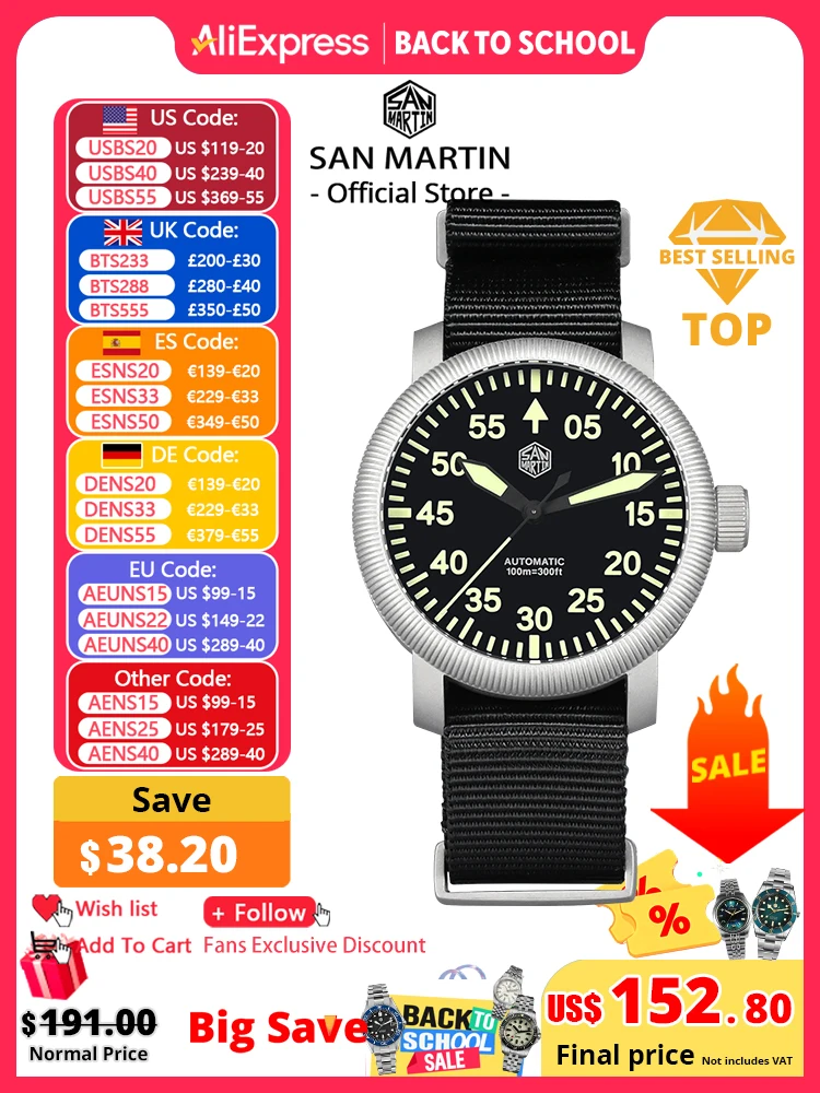 San Martin 남성용 자동 기계식 패션 손목시계, 40mm 레트로 파일럿, YN55, 심플 스타일, 100m 방수 C3 야광 SN0143, 신제품