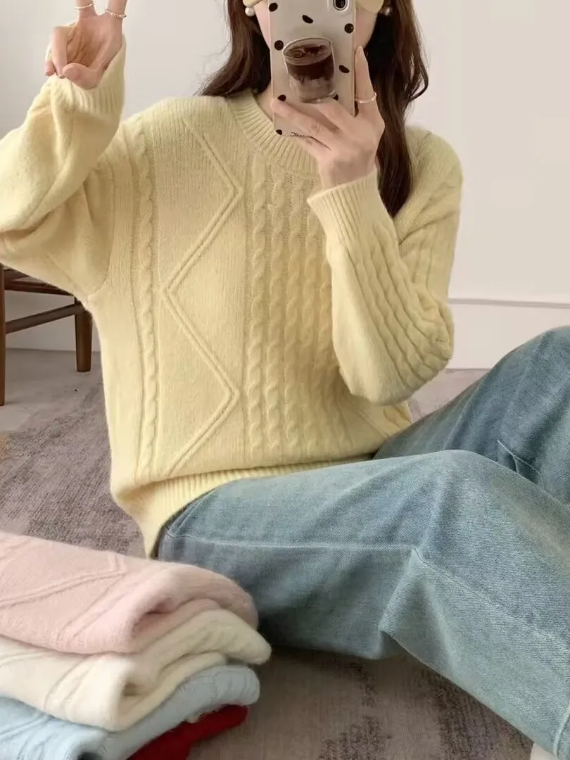 

Women's round Ne Knitted Sweater Loose Fit Thiened Autumn Winter New Sle Comfortable Korean Sle Soft Knitted Top