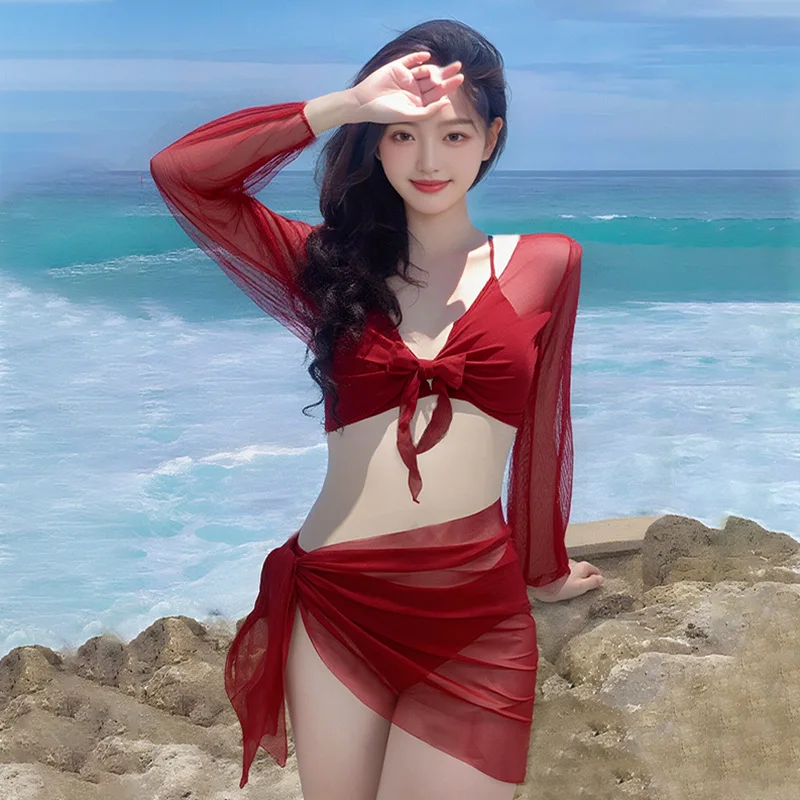 

2026 New Women's Big Red Whitening Pure Desire Sexy Bikini Four Piece Set Long Sleeve Sunscreen Hot Girl Swimsuit