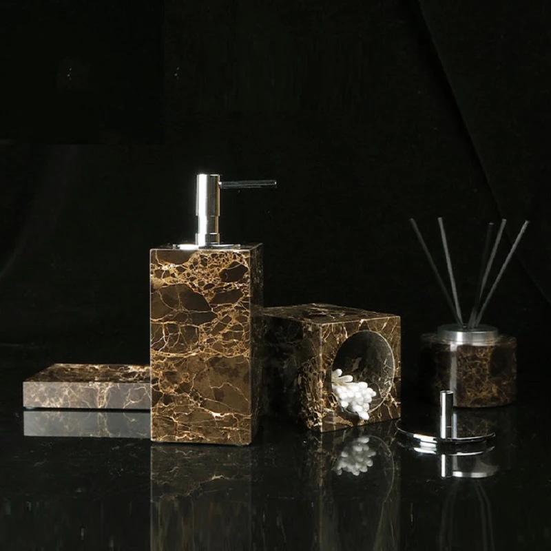 Emperador Dark Natural Marble Bathroom Accessories Sets Luxury Soap Dispenser Cotton Swabs Jar Vanity Tray Set for Bathroom