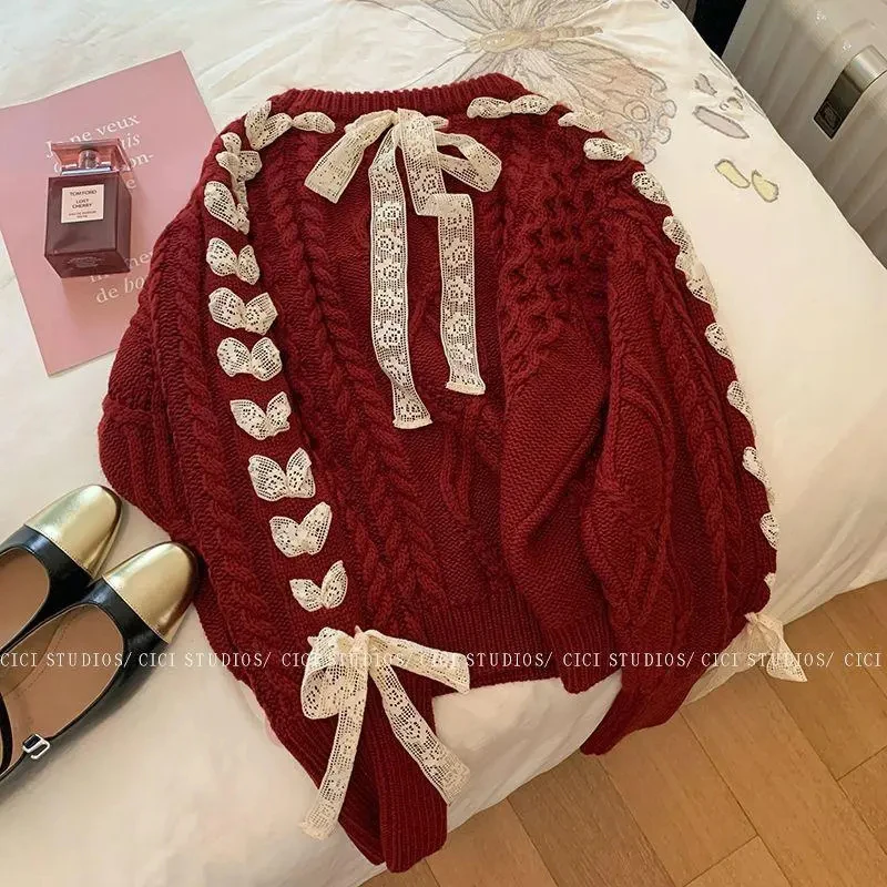 Twisted Red Sweet Sweater Women Bow Chic Fall Winter Knitwear Fashion Loose Lazy Drawstring Lace-Up Pretty Style Pullover