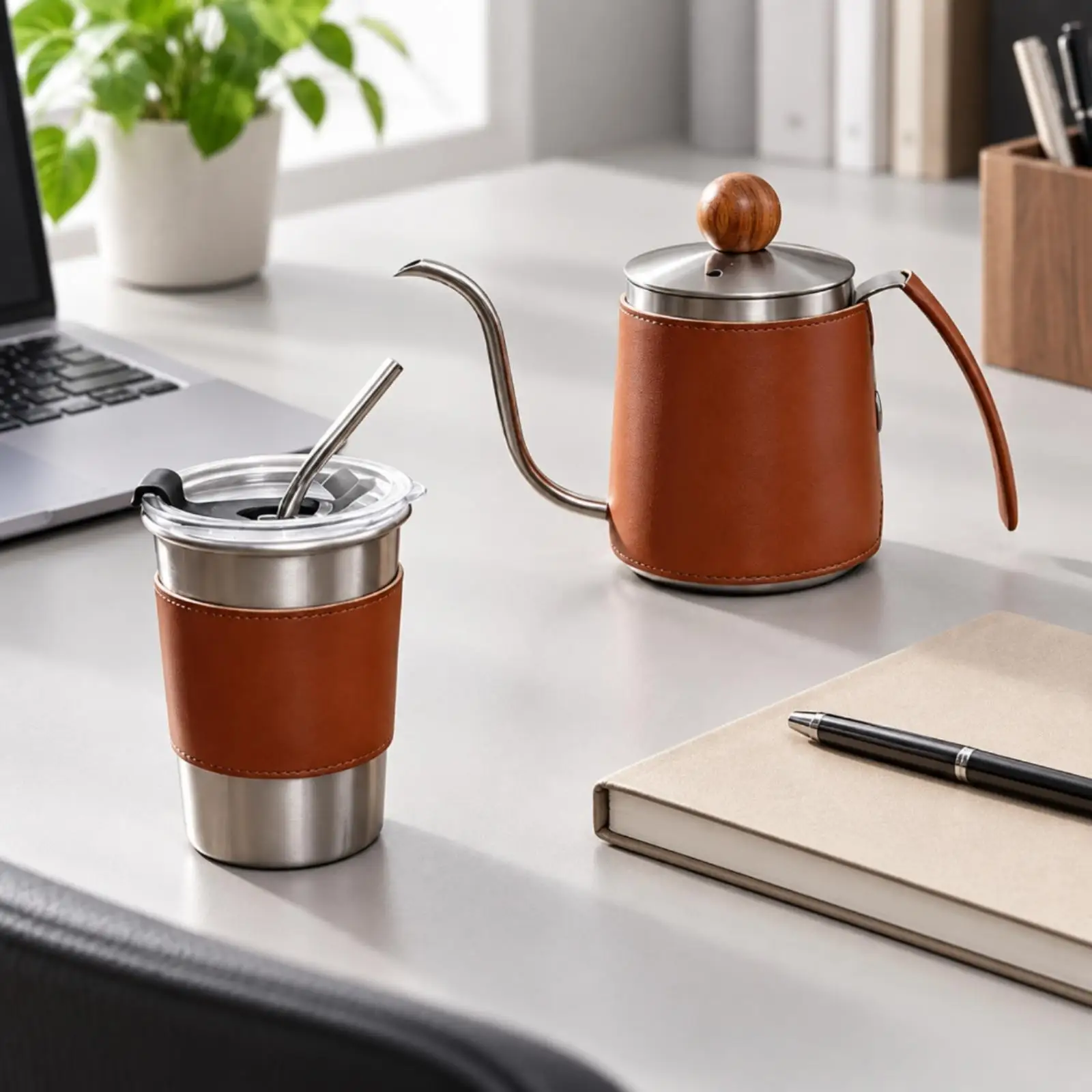 Stainless Steel Pour-over Coffee Set with Leather Sleeve Food-Grade 350 Ml Gooseneck Coffee Brewing Set Portable Compact