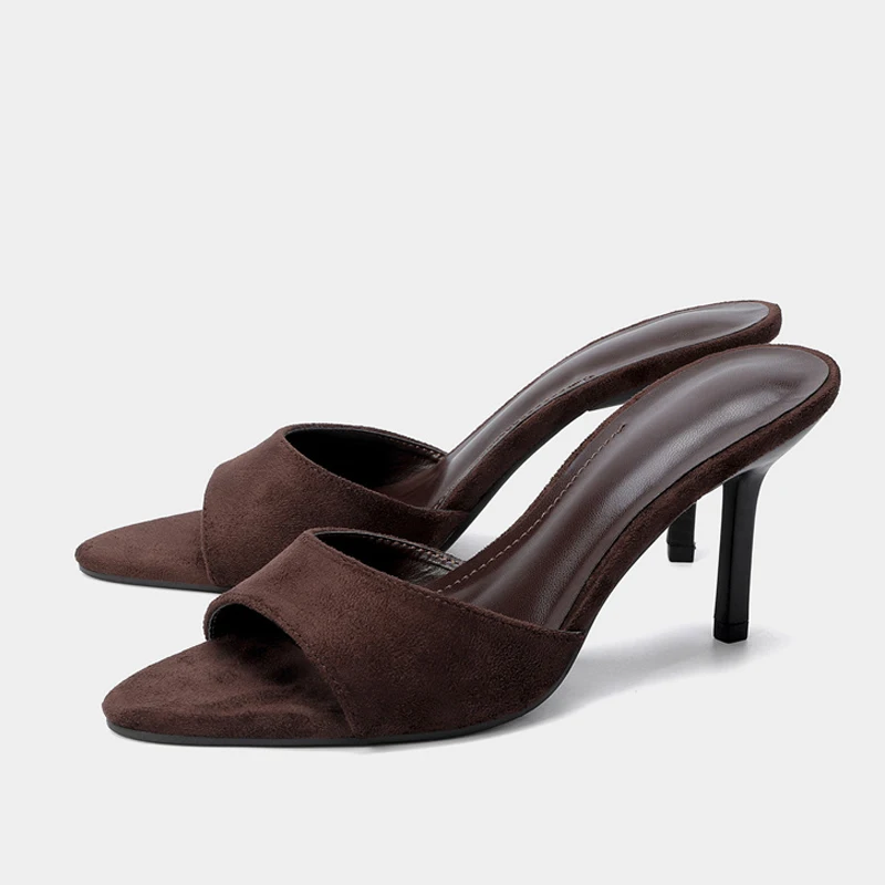 Liyke Designer Retro Braune Wildleder Damen Pantoletten Sandalen Modische Runde Offene Zehen Dünne Hohe Absätze Mule Slides Sommer Party Kleiderschuhe