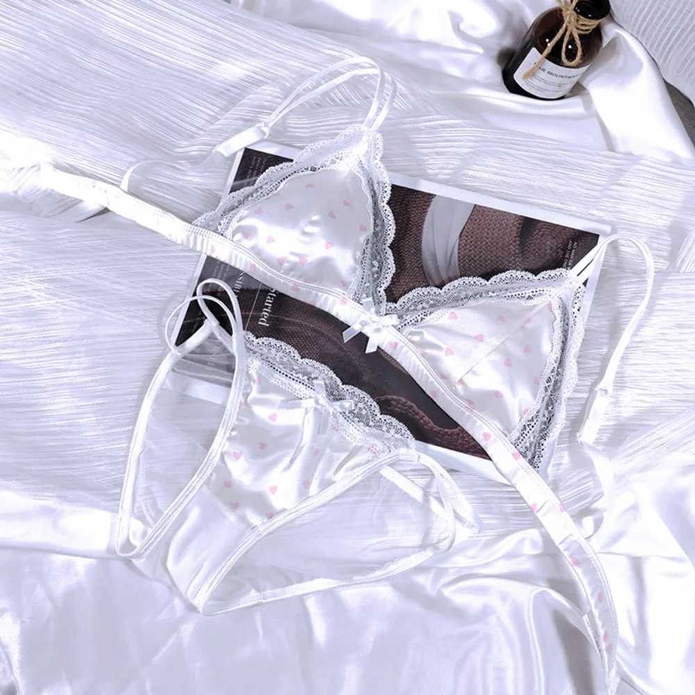 Conjunto de sujetador y bragas estilo francés, bralette sin aros con copas triangulares, con detalles de encaje, ropa interior para jóvenes damas con busto pequeño, lencería diaria.