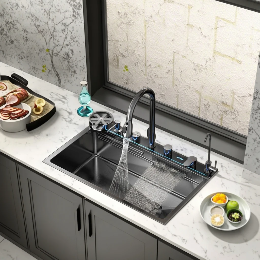 

Black Neptunus Star Digital Display Sink - Premium Kitchen Essential with Integrated Temperature Control