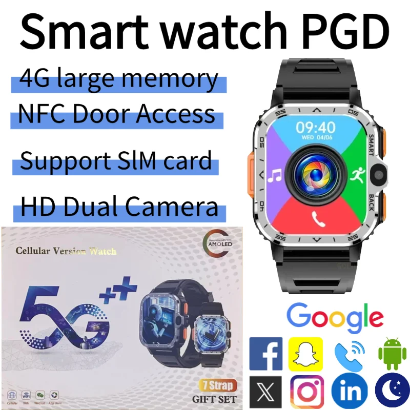 

2026 PGD Android Smartwatch Global 4G 8GB RAM 128GB ROM Dual Camera GPS NFC Stainless Steel Strap Heart Rate Monitor Sleep